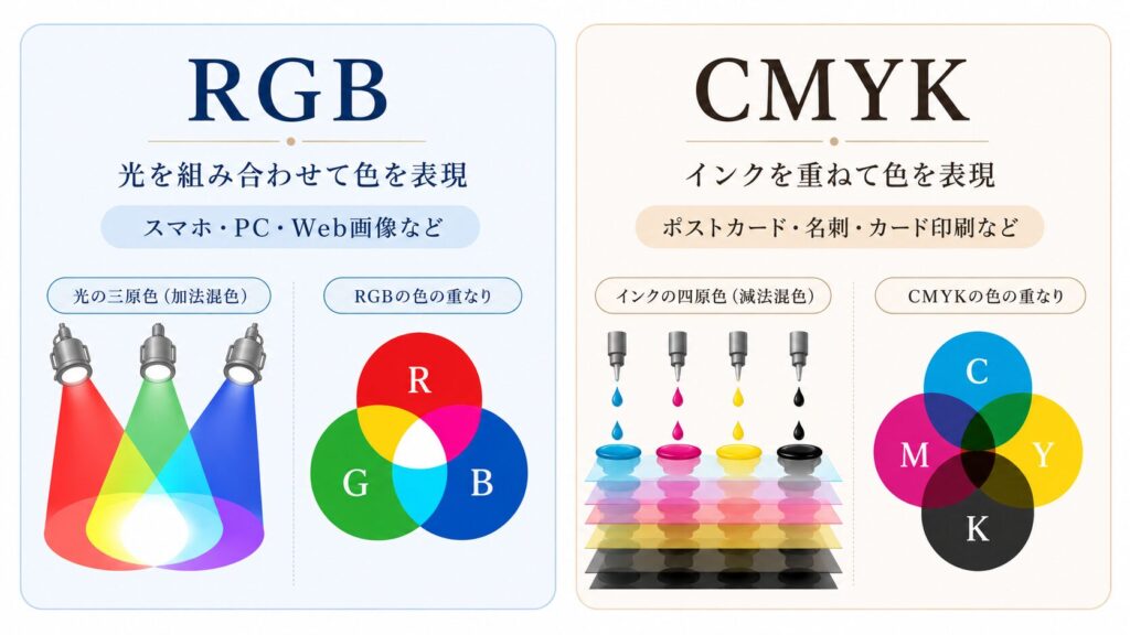 RGBは光を組み合わせて色を表現し、CMYKはインクを重ねて色を表現する違いを図解した画像