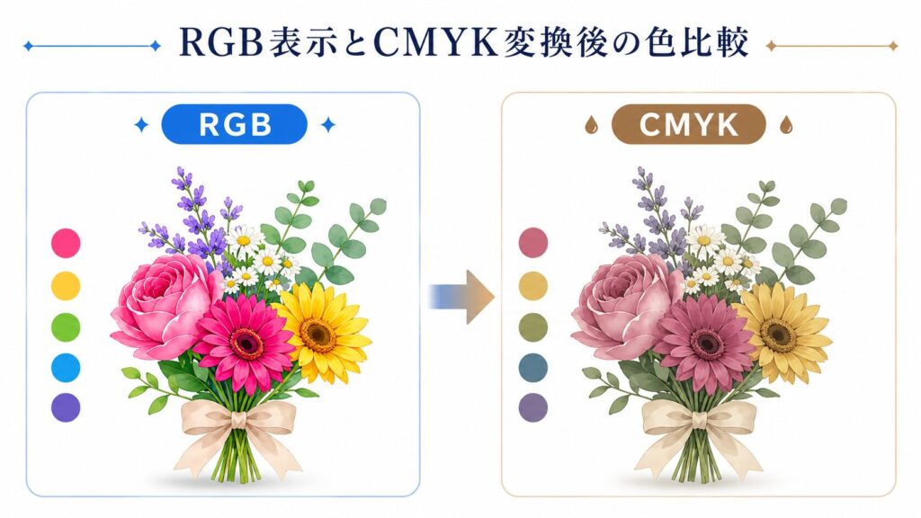RGB表示とCMYK変換後の色の違いを、花のイラストで比較した画像