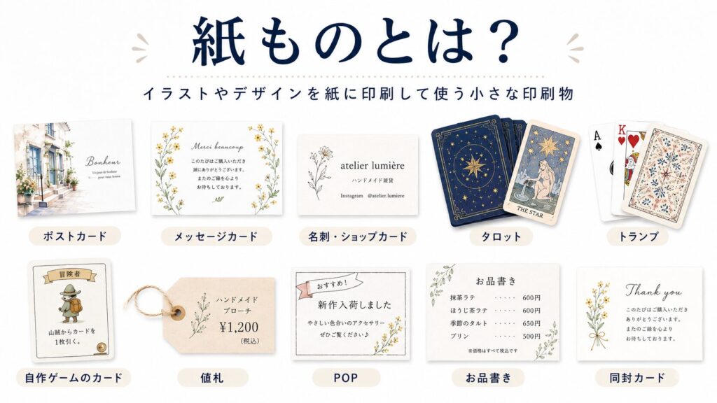 ポストカードや名刺、タロット、トランプ、値札、POP、同封カードなど紙ものの種類を一覧で紹介した画像