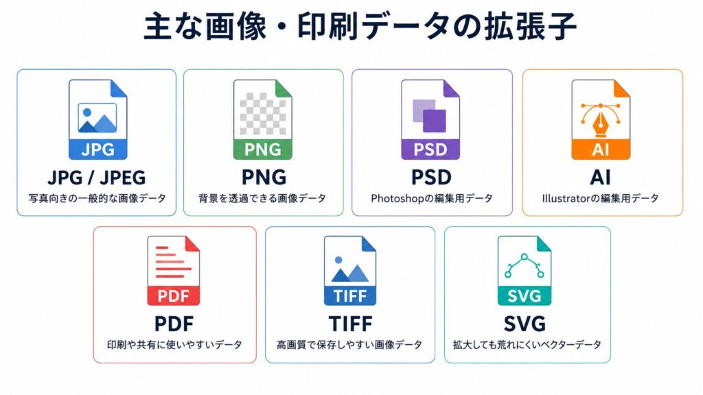 JPG、PNG、PSD、AI、PDF、TIFF、SVGの違いを一覧でまとめた画像・印刷データの拡張子ガイド